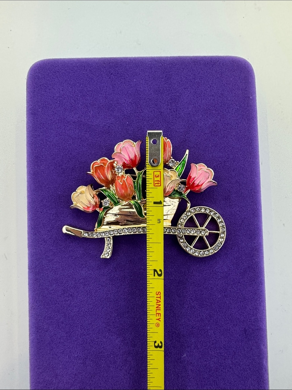 💛 Anne Klein Gold-Tone Tulip Wheelbarrow Floral Brooch | Pink & Green Enamel - Picture 5 of 5
